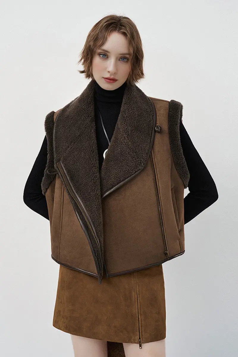 Brown Suede Shearling Aviator Vest - MIAOOOO