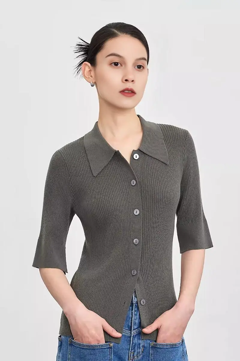 Washable Wool Blend Rib Knit Elbow Sleeve Polo Cardigan - MIAOOOO