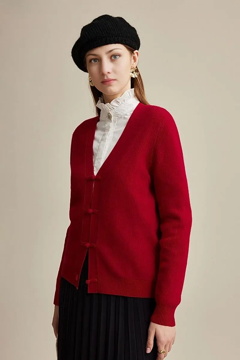 100 Wool V Neck Cardigan with Knot Button - MIAOOOO