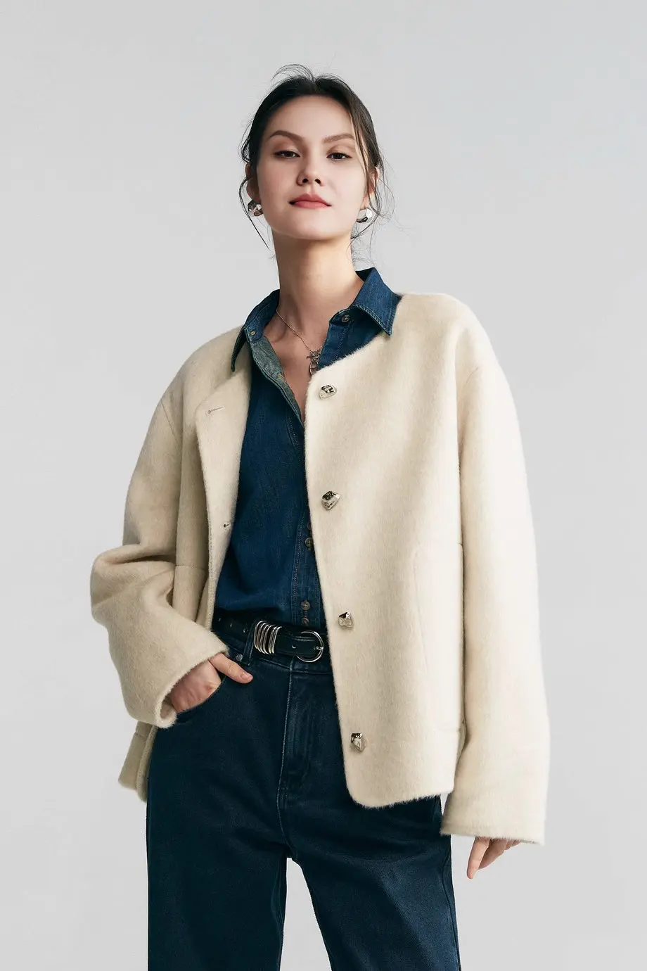 Silk Wool Blend Crewneck Cropped Jacket - MIAOOOO