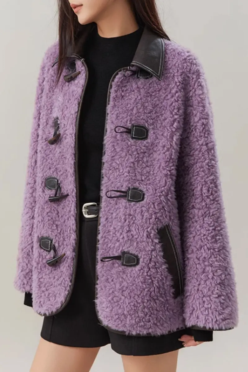 Faux Shearling Teddy Wool Toggle Jacket with Leather Collar - MIAOOOO