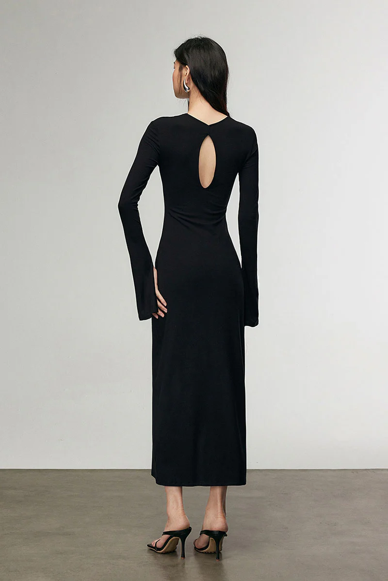 Black Long Sleeve Bodycon Maxi Dress with Back Cutout - MIAOOOO