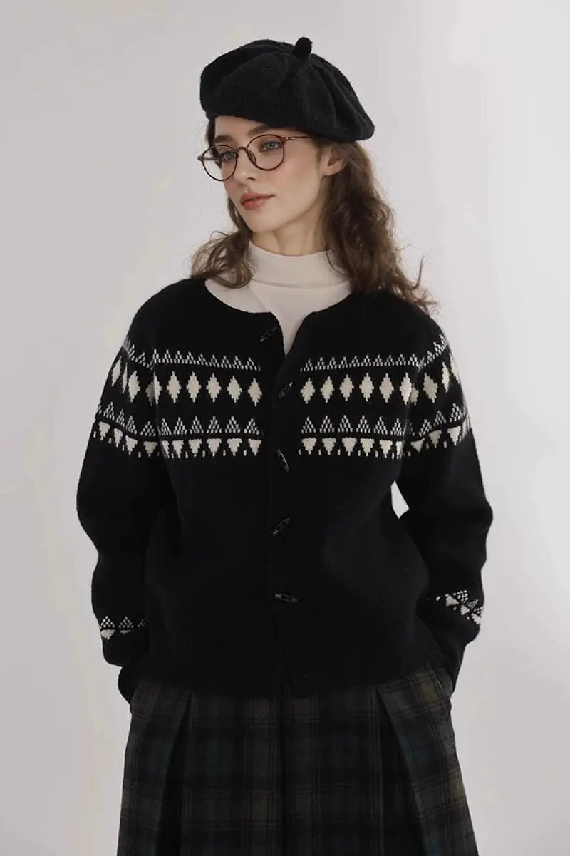 Vintage Cotton Blend Fair Isle Toggle Cardigan Sweater - MIAOOOO