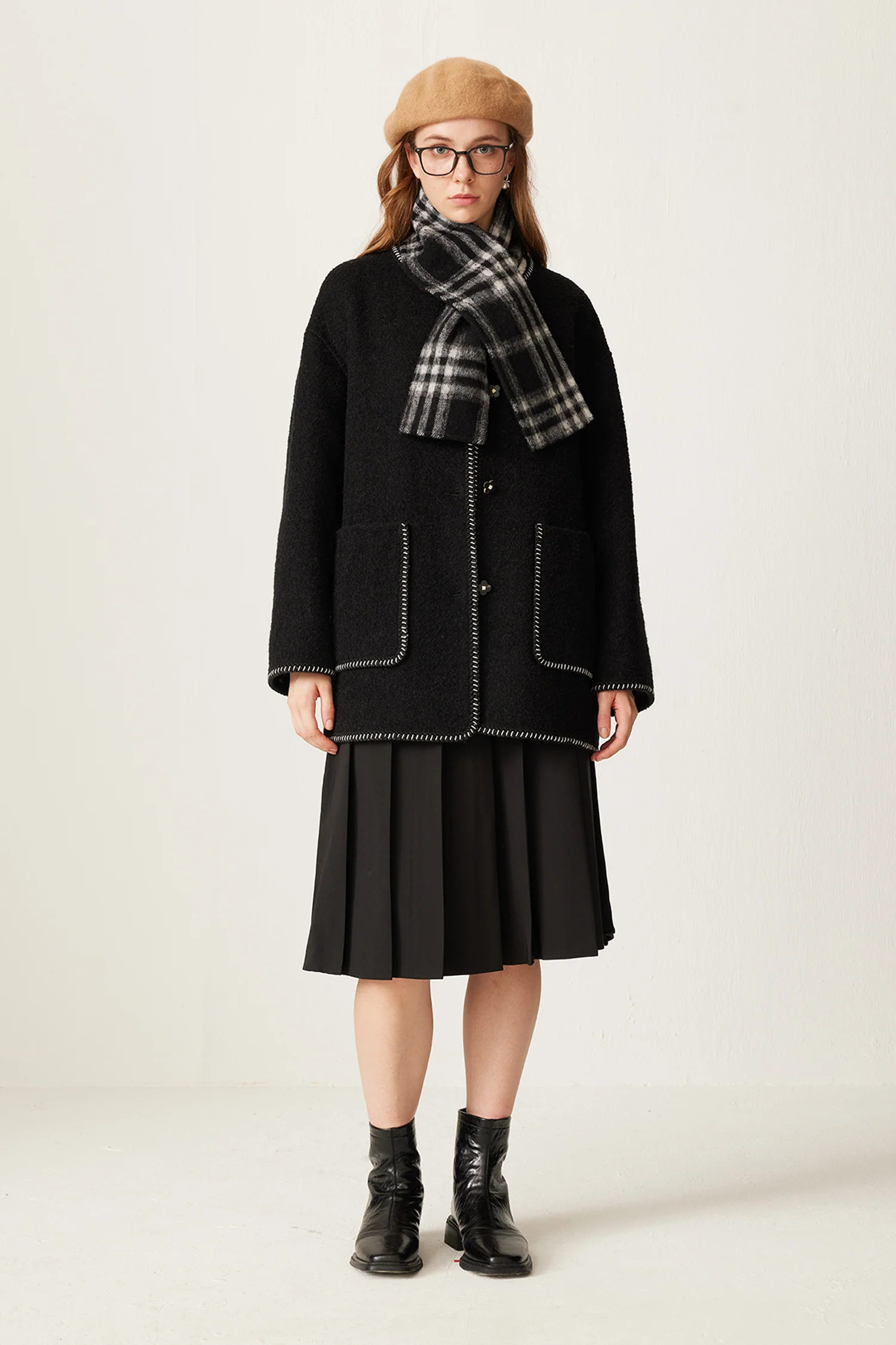 Reversible Plaid Alpaca Wool Double-Faced Scarf Coat - MIAOOOO