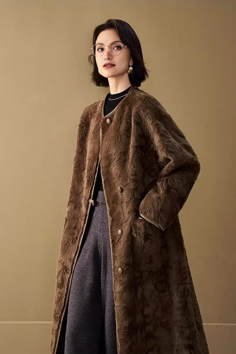 Long Collarless Faux Shearling Coat - MIAOOOO