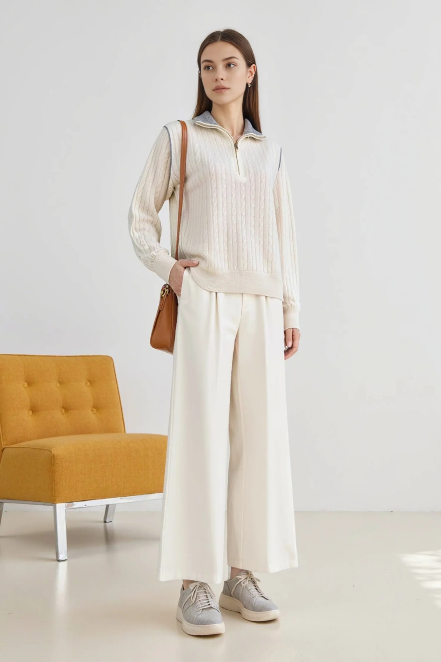 100% Wool Cable-Knit Half-Zip Polo Sweater - MIAOOOO