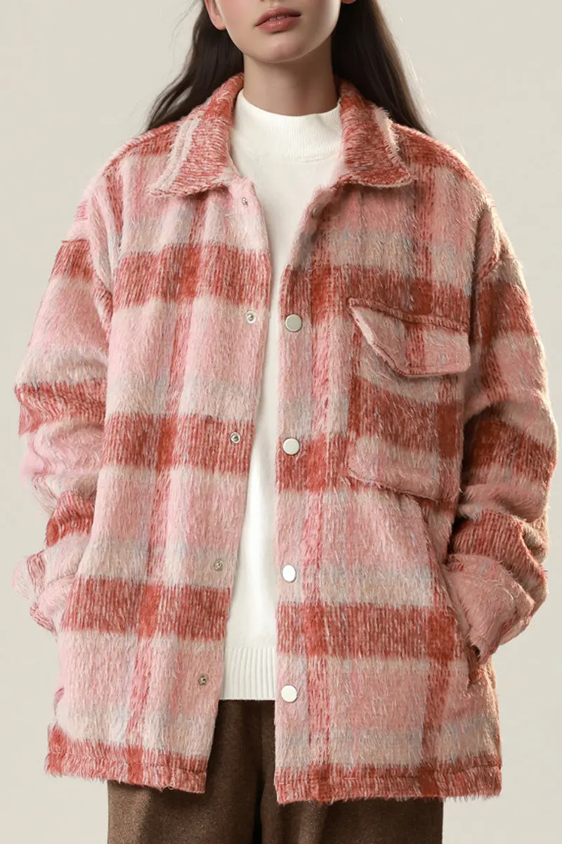 Oversized Faux Wool Plaid Shacket in Pink - MIAOOOO