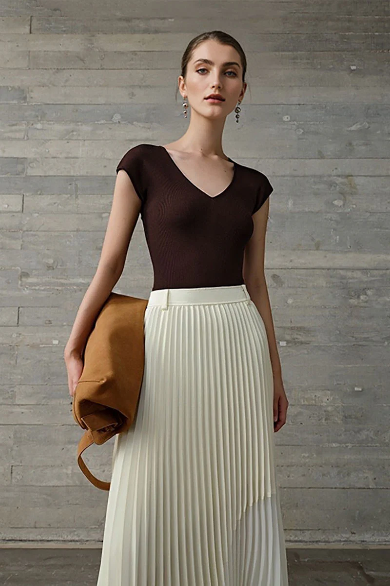 Casual Wool-Acetate Blend Slim-Fit V-Neck Cap-Sleeve Knit T Shirt - MIAOOOO