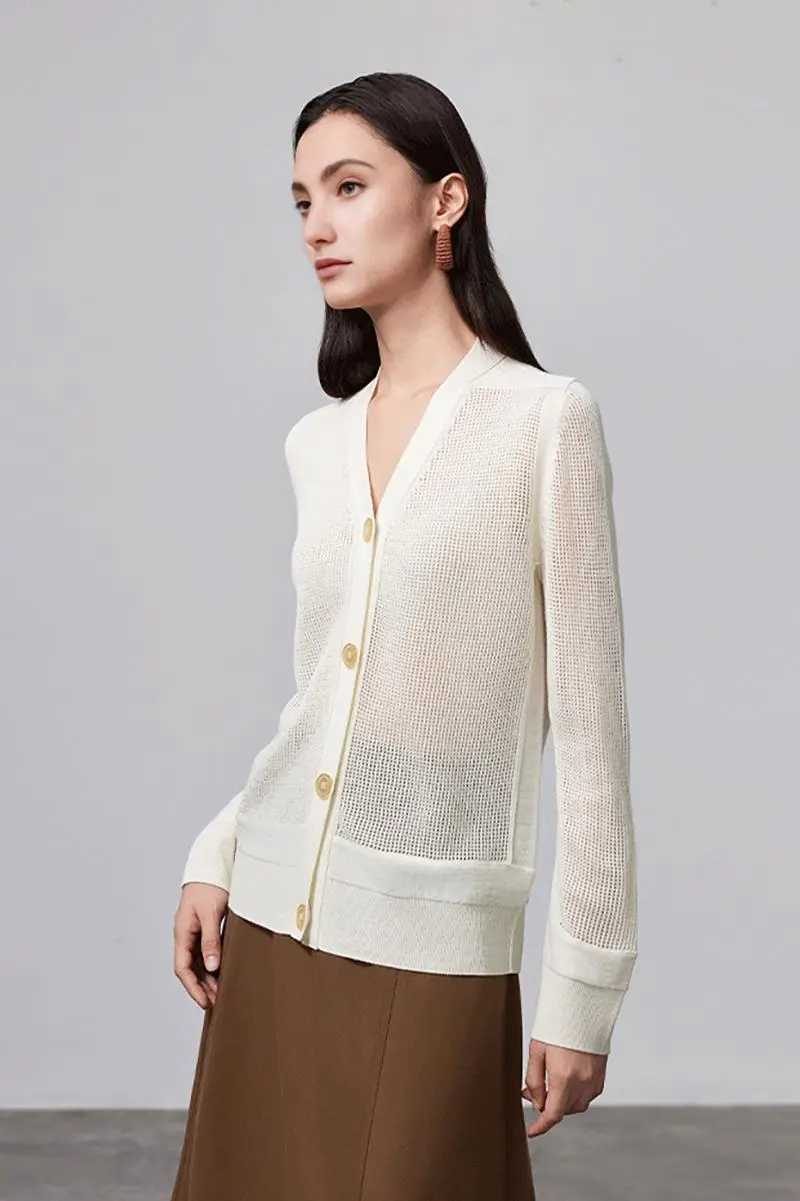 100 Merino Wool Mesh Knit V Neck Cardigan - MIAOOOO