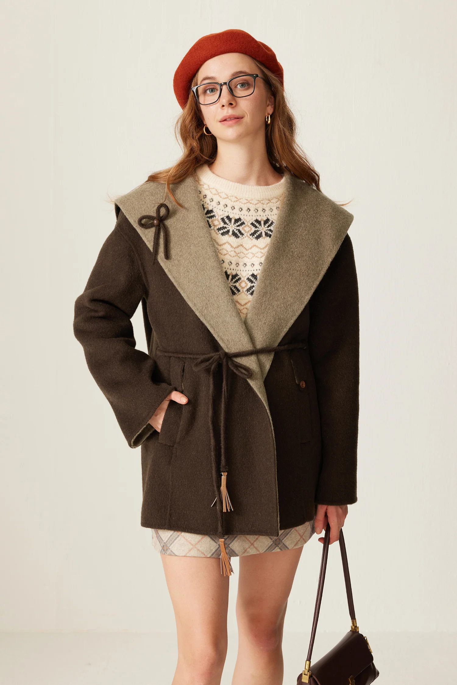 Alpaca Wool-Silk Shawl-Collar Tie-Waist Wrap Coat - MIAOOOO