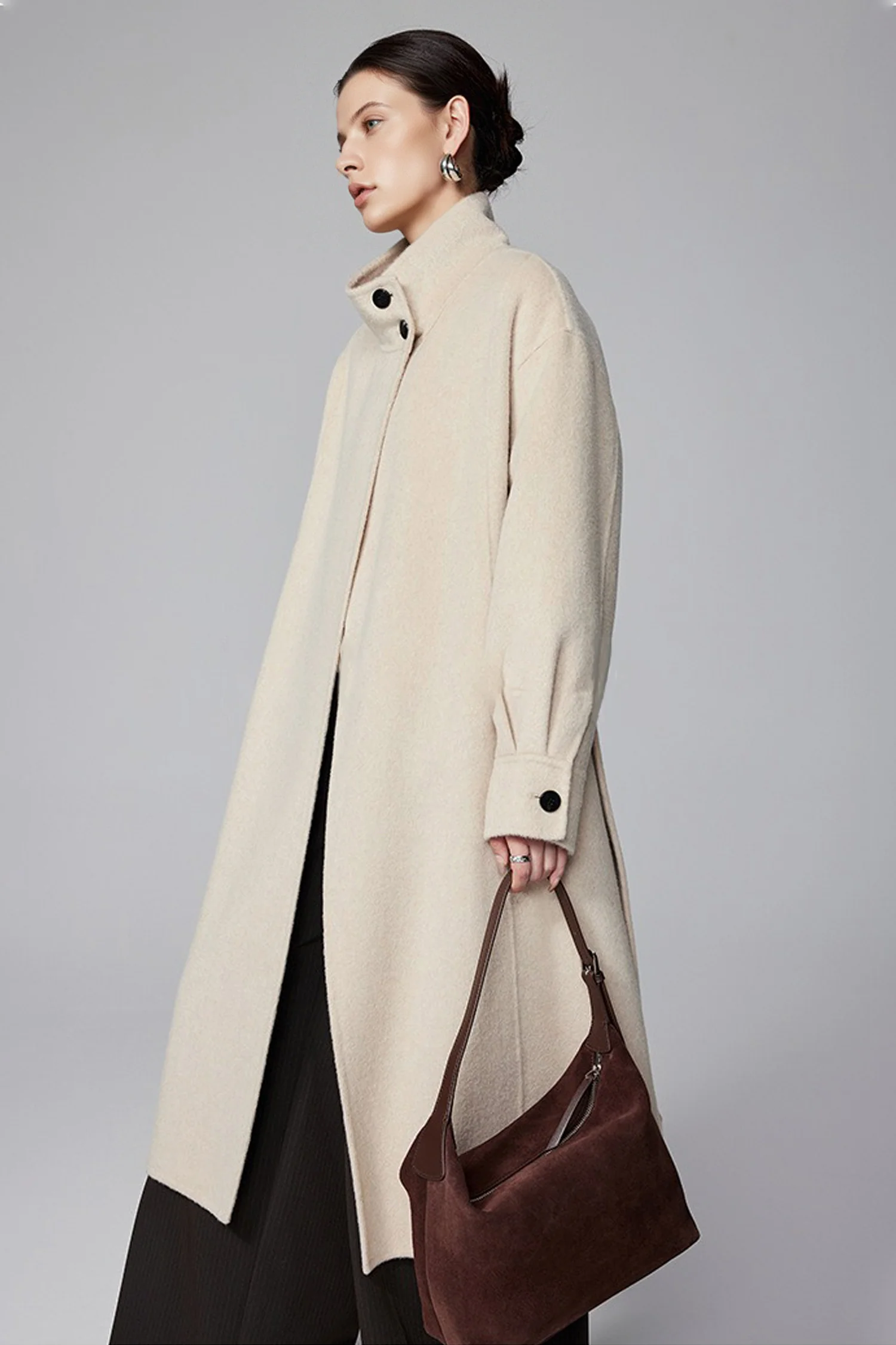 Double-Faced Wool-Cashmere Funnel Neck Belted Coat - MIAOOOO