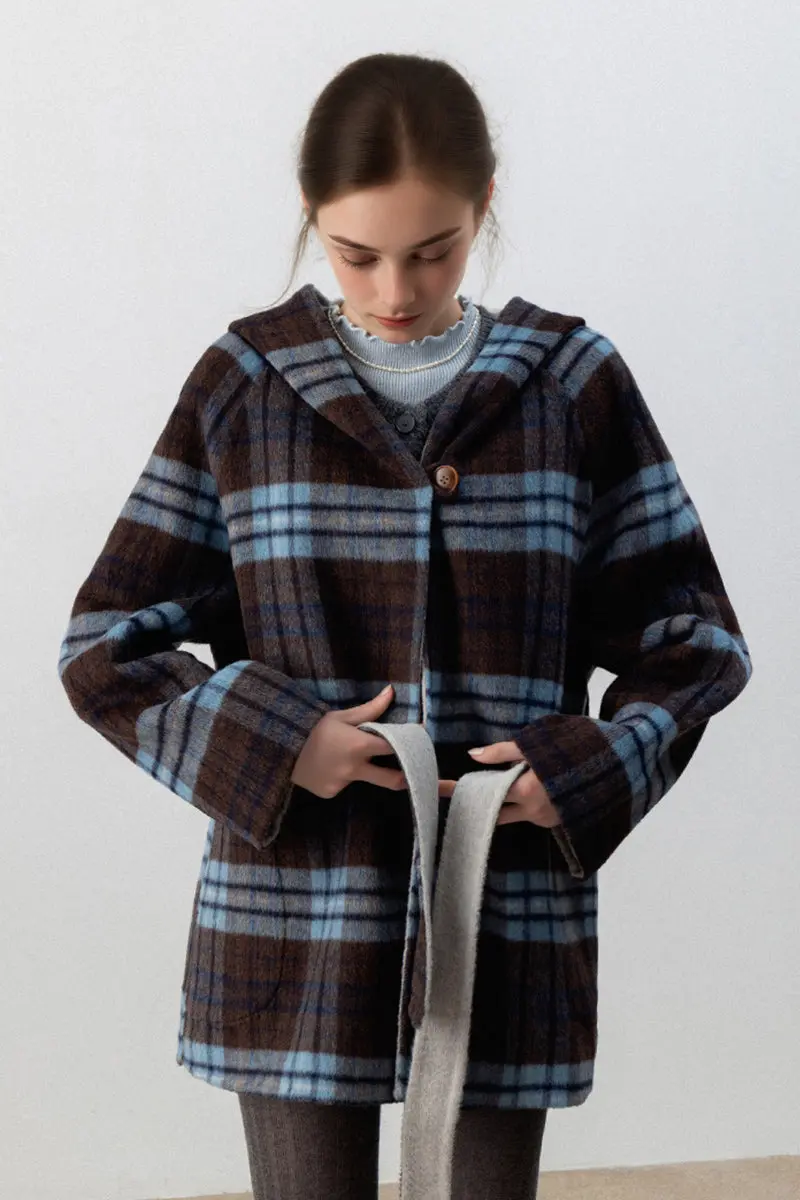 Reversible Vintage Short Plaid Wool Coat with Hood and Belt - MIAOOOO