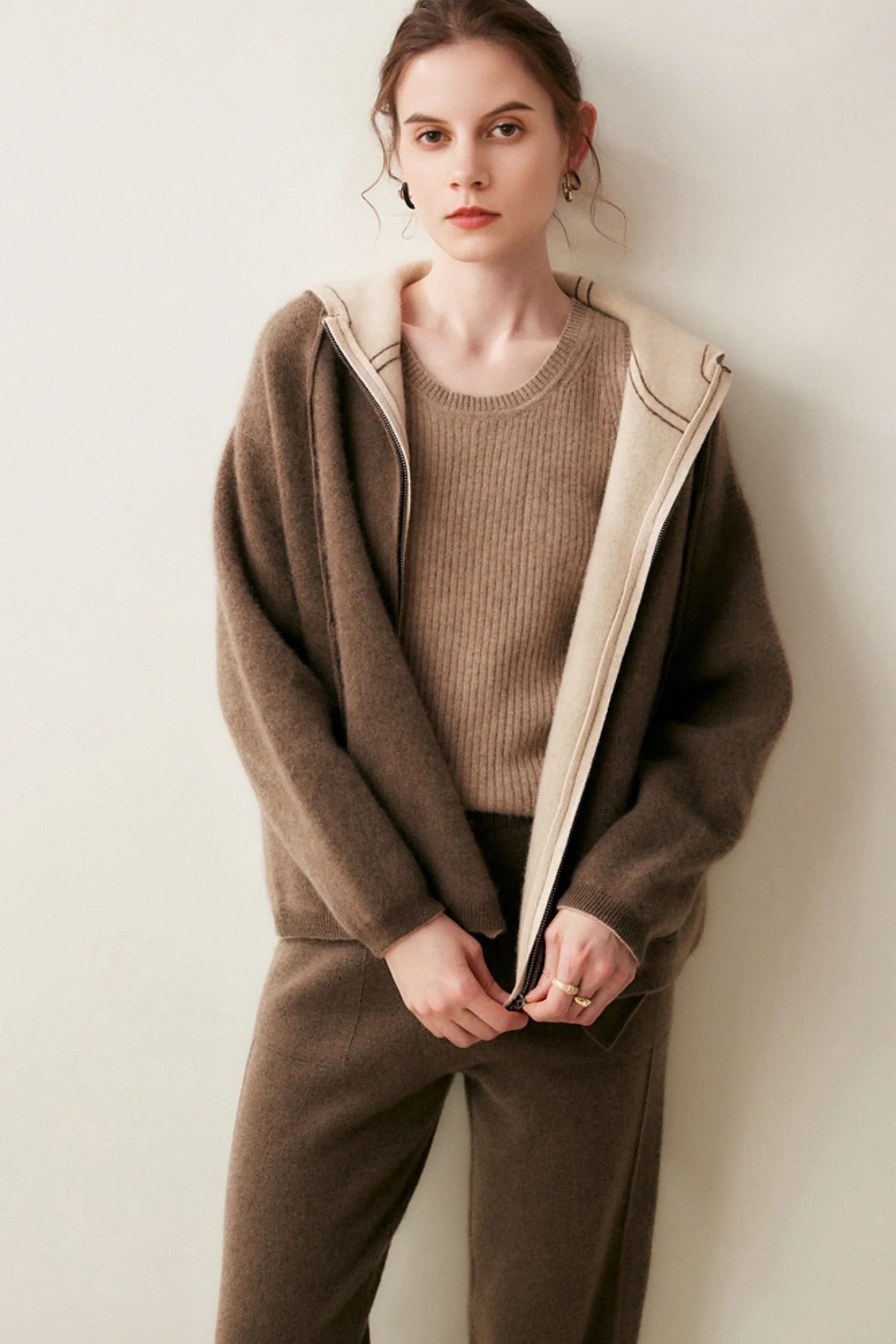 Chunky Cashmere-Merino Hooded Zip-Up Cardigan Jacket - MIAOOOO