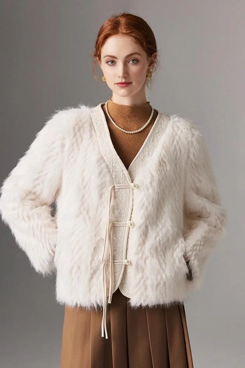 V-neck Faux Fox Fur Collarless Jacket with Pearl Button - MIAOOOO