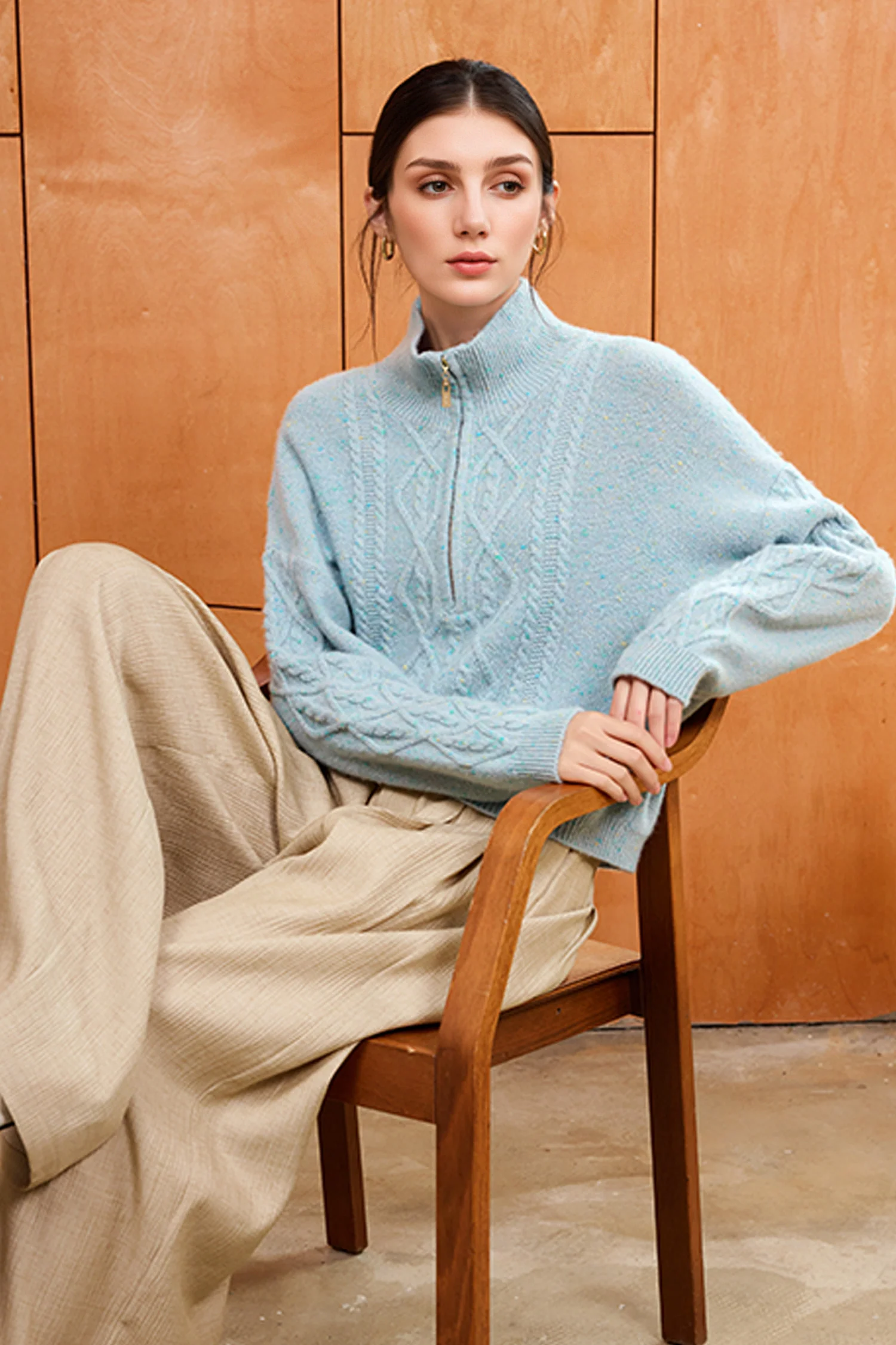 100% Cashmere Half-Zip Cable Knit Marled Sweater - MIAOOOO