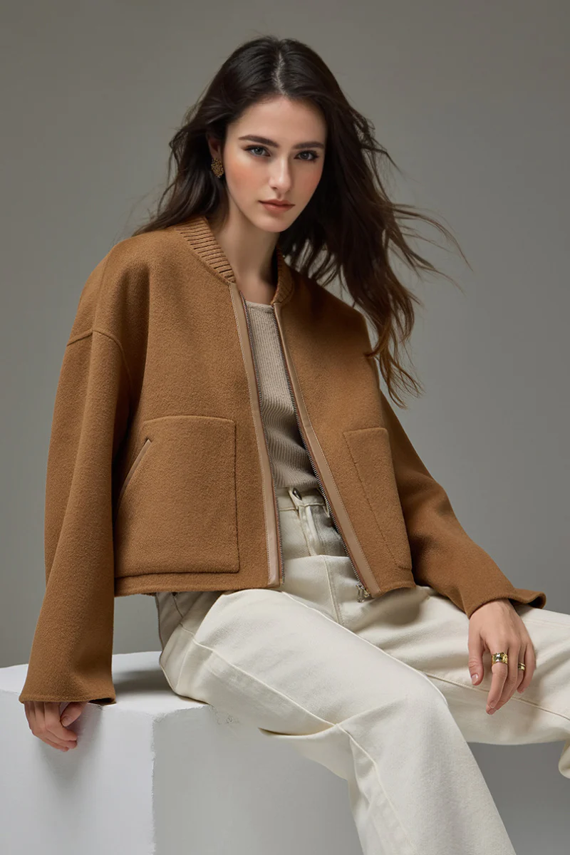 Cropped Wool-Cashmere Doule-Faced Zip-Up Bomber Jacket - MIAOOOO