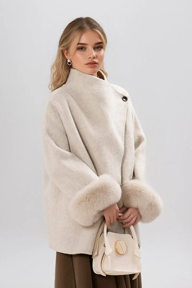 Elegant Double-Faced Wool Coat with Real Fox Fur Cuffs - MIAOOOO