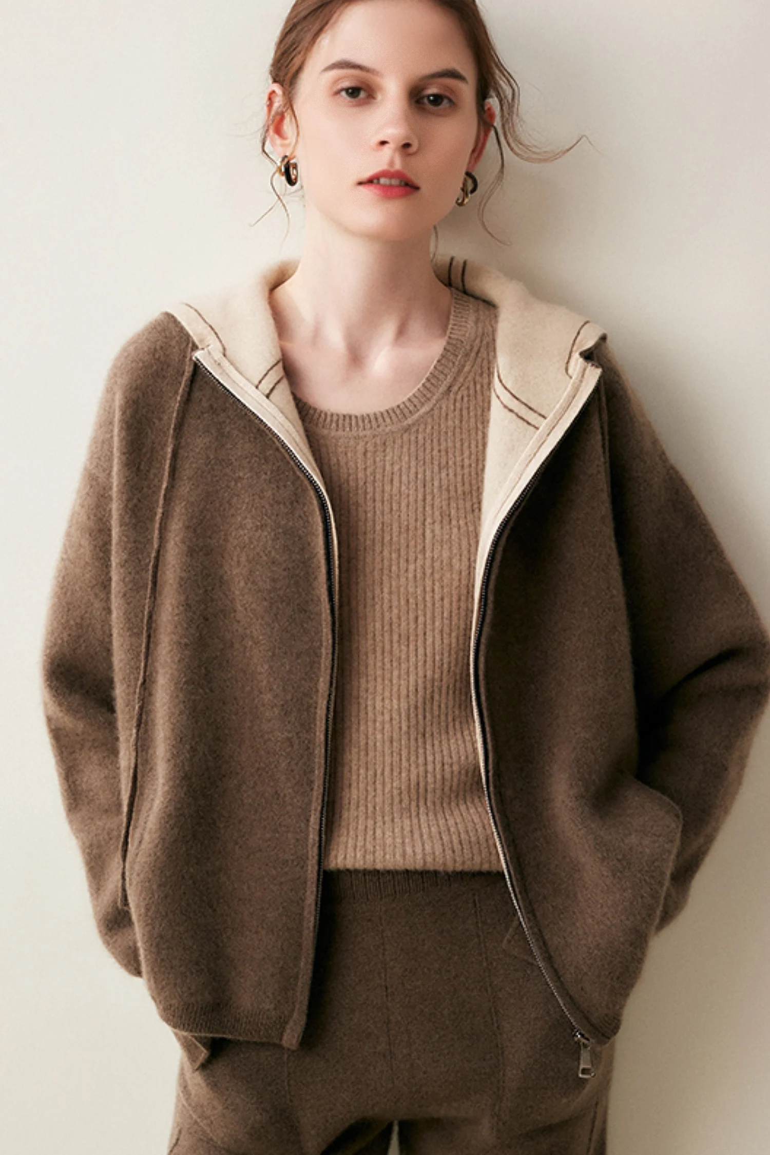 Chunky Cashmere-Merino Hooded Zip-Up Cardigan Jacket - MIAOOOO
