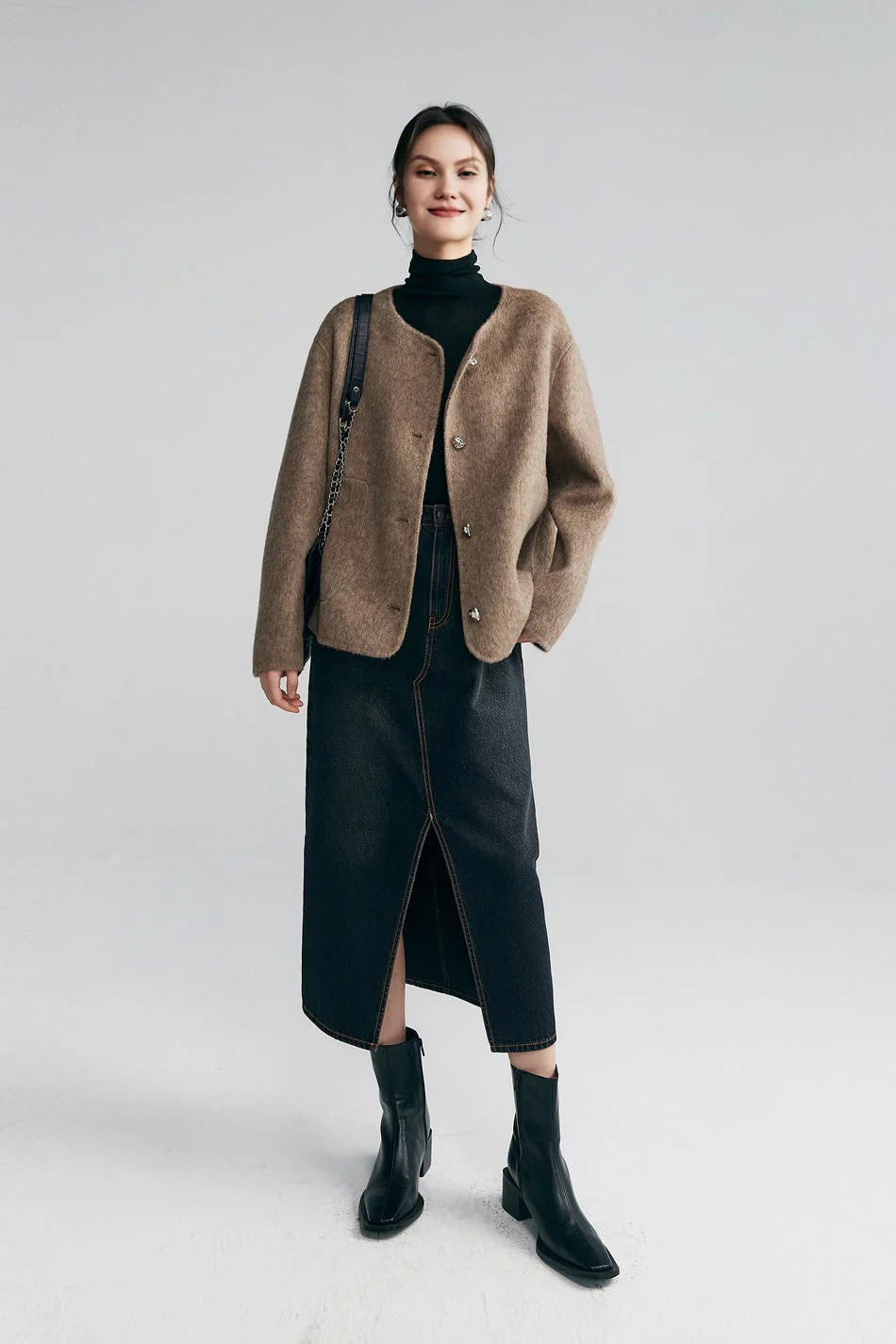 Silk Wool Blend Crewneck Cropped Jacket - MIAOOOO