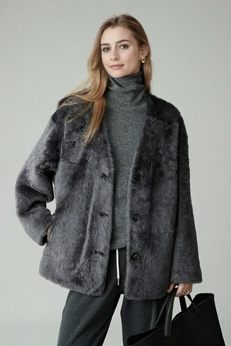 Luxe V-Neck Spain Lacon Sheepskin Shearling Coat - MIAOOOO