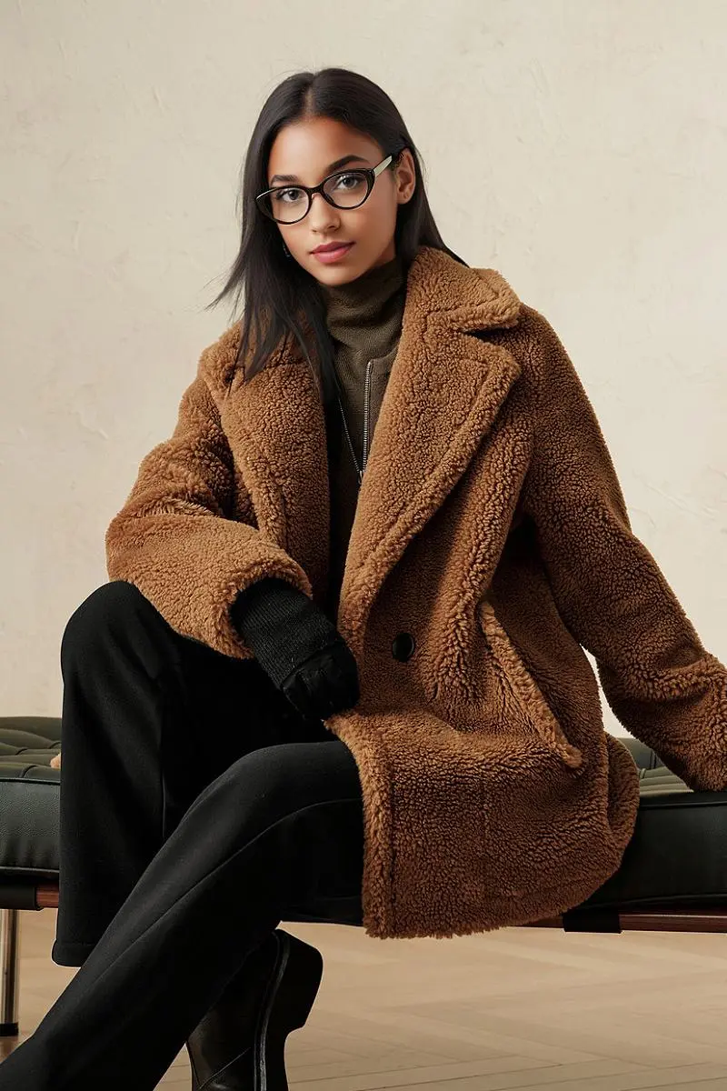 Brown Double Breasted Wool Blend Teddy Sherpa Coat - MIAOOOO