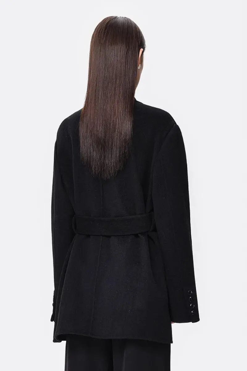 Vintage Collarless Double Breasted Black 100 Wool Peacoat with Belt - MIAOOOO