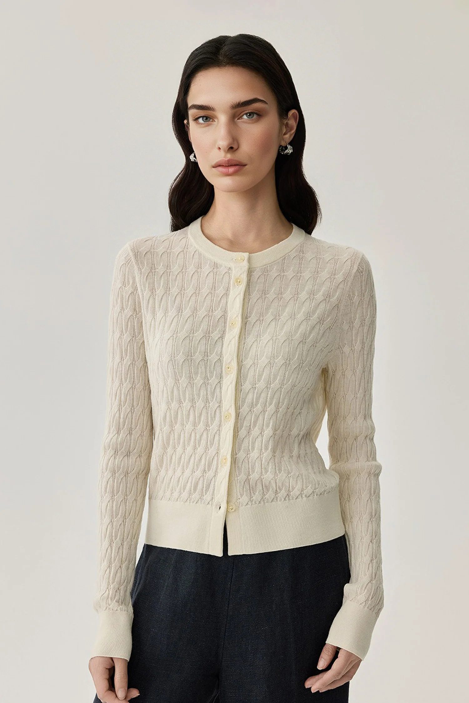 Classic-Fit Wool-Silk Cable Knit Crewneck Cardigan - MIAOOOO