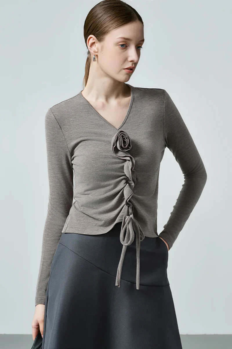 Slim Ruched Long-Sleeve V-Neck Blouse with Flower - MIAOOOO