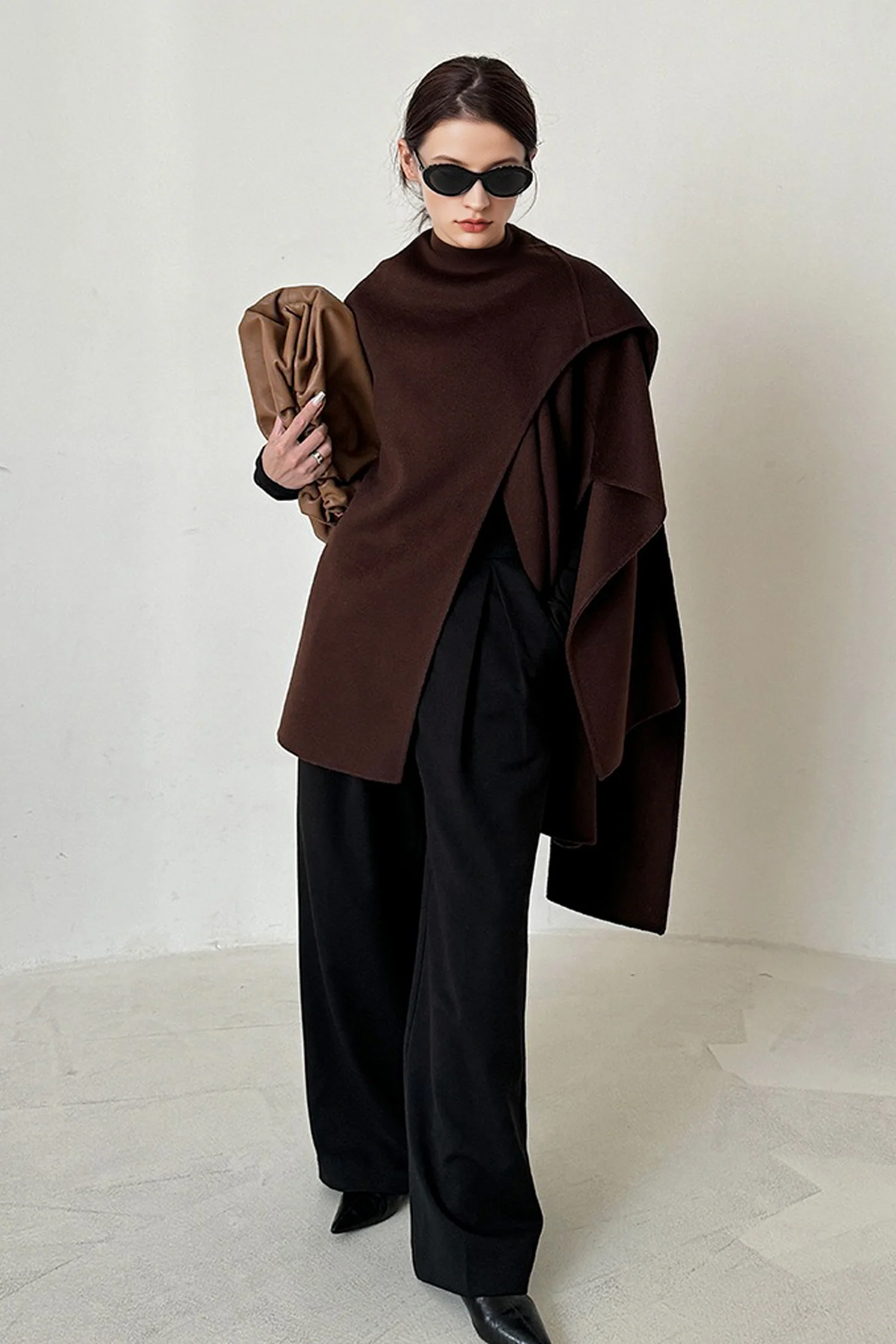 Asymmetrical Wool Double-Faced Poncho Cape - MIAOOOO