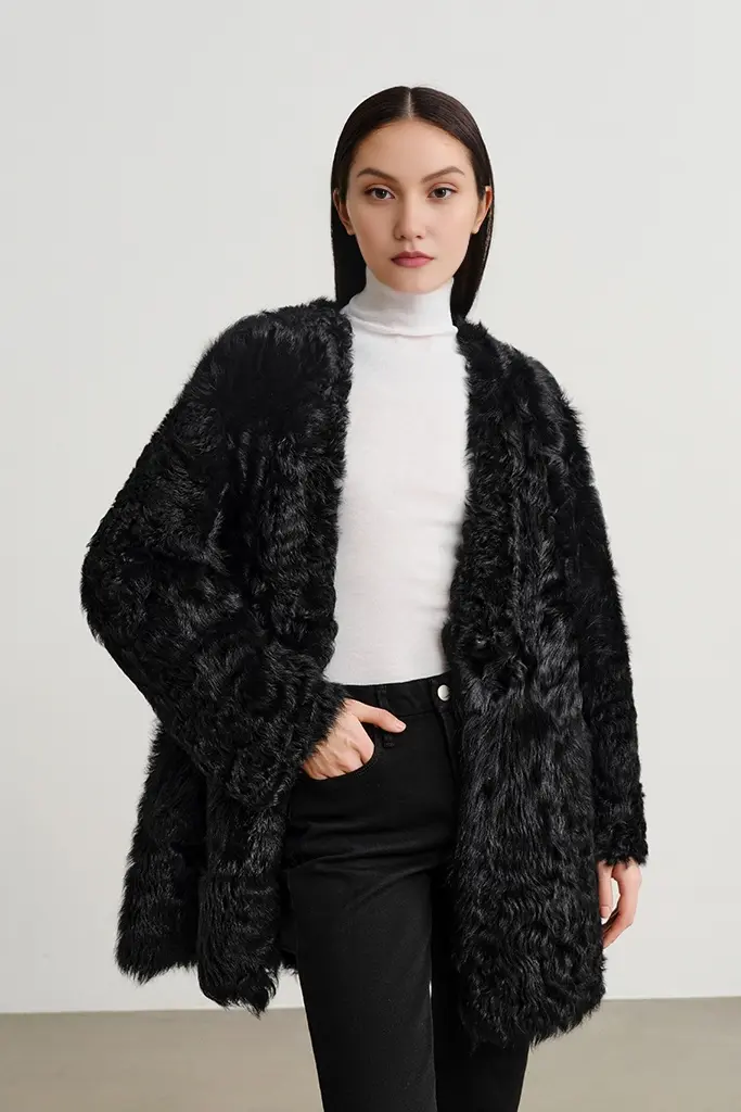 V-Neck Toscana Mid-Length Lambskin Shearling Coat - MIAOOOO