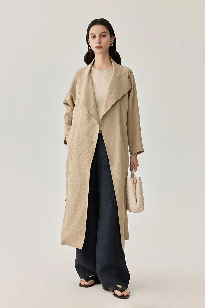 Textured Silk Asymmetric-Collar Belted Wrap Trench Coat - MIAOOOO
