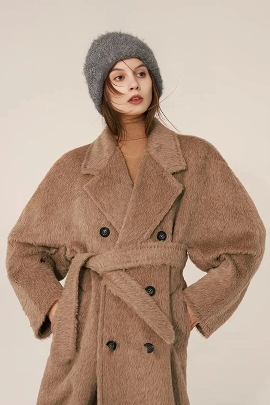 Classic Belted Double-breasted Alpaca Wool Coat - MIAOOOO