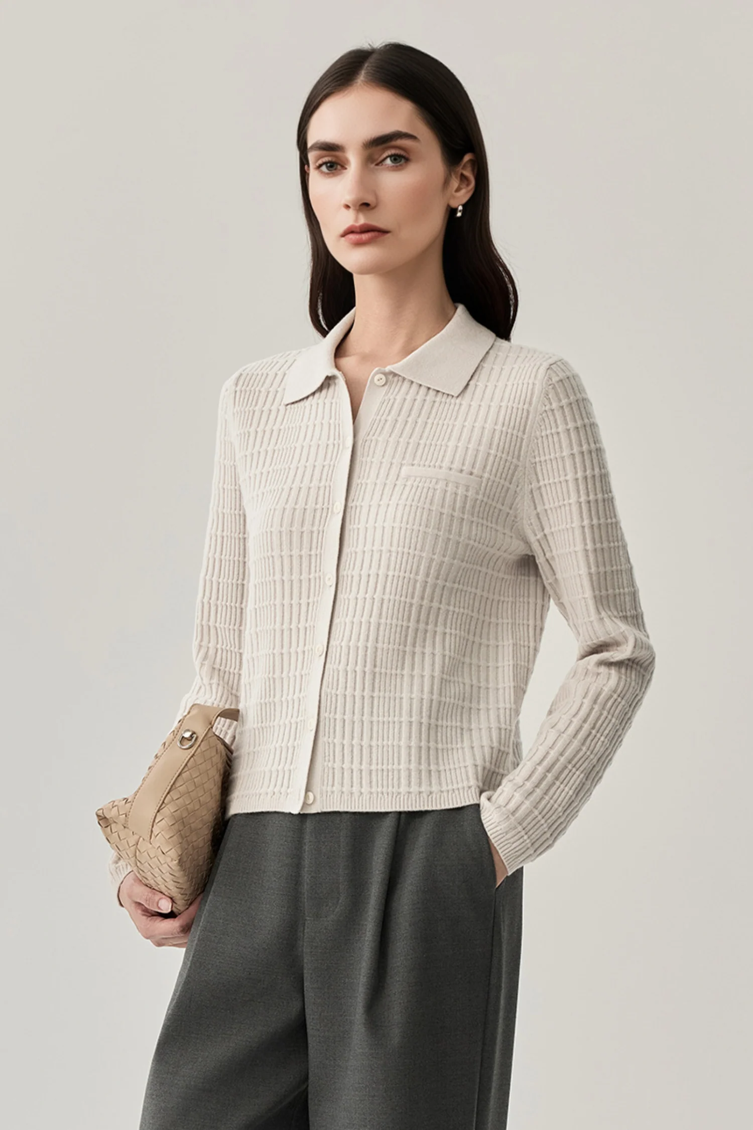Ultrasoft Textured Wool Button-Up Polo Cardigan - MIAOOOO