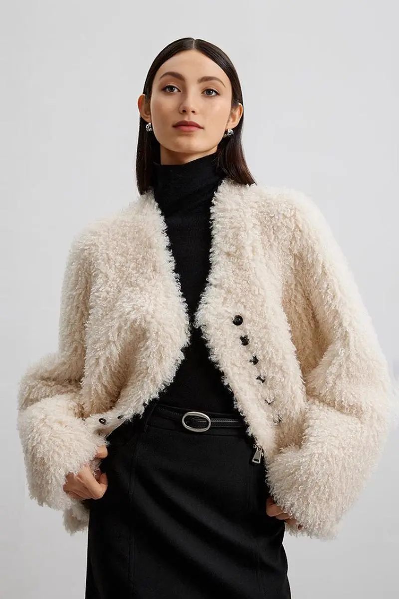 Collarless Faux Shearling & Faux Suede Jacket - MIAOOOO