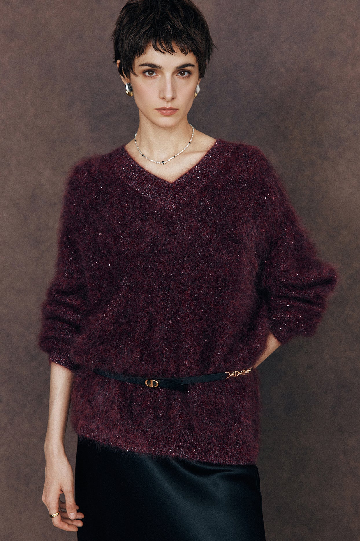 Brushed Cashmere Sequin V-Neck Sweater in Top-Tier Italian Yarn - MIAOOOO