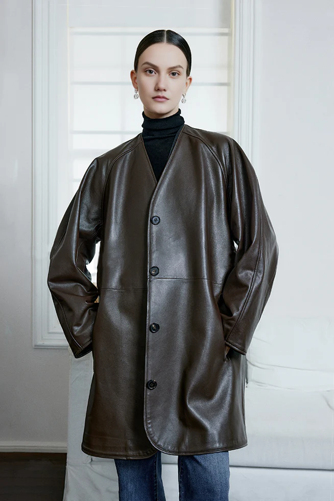 Collarless V Neck Single-breasted Knee-length Leather Coat with Belt - MIAOOOO