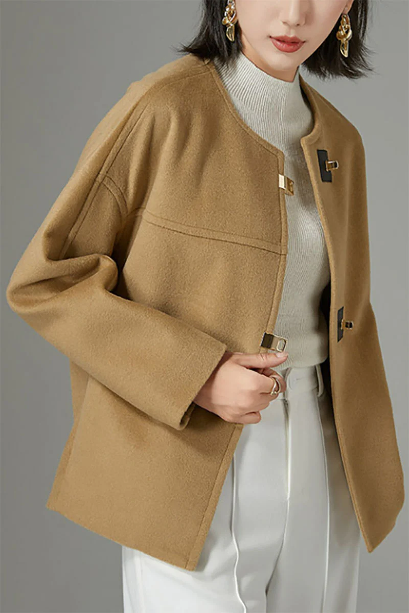 Minimalist Collarless Cashmere-Wool Jacket with Metal Buttons - MIAOOOO