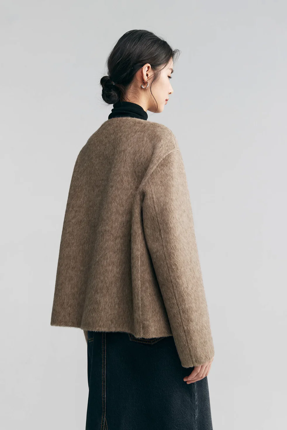 Silk Wool Blend Crewneck Cropped Jacket - MIAOOOO