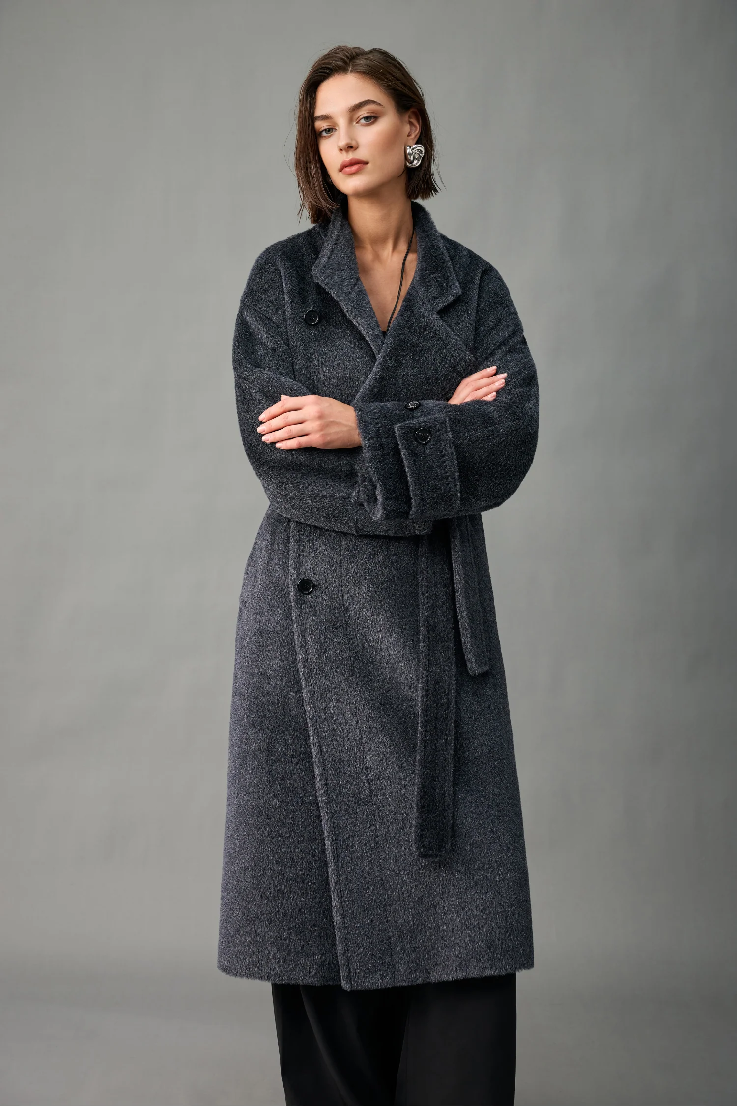 Royal Baby Suri Alpaca Wool Stand Collar Belted Wrap Coat - MIAOOOO