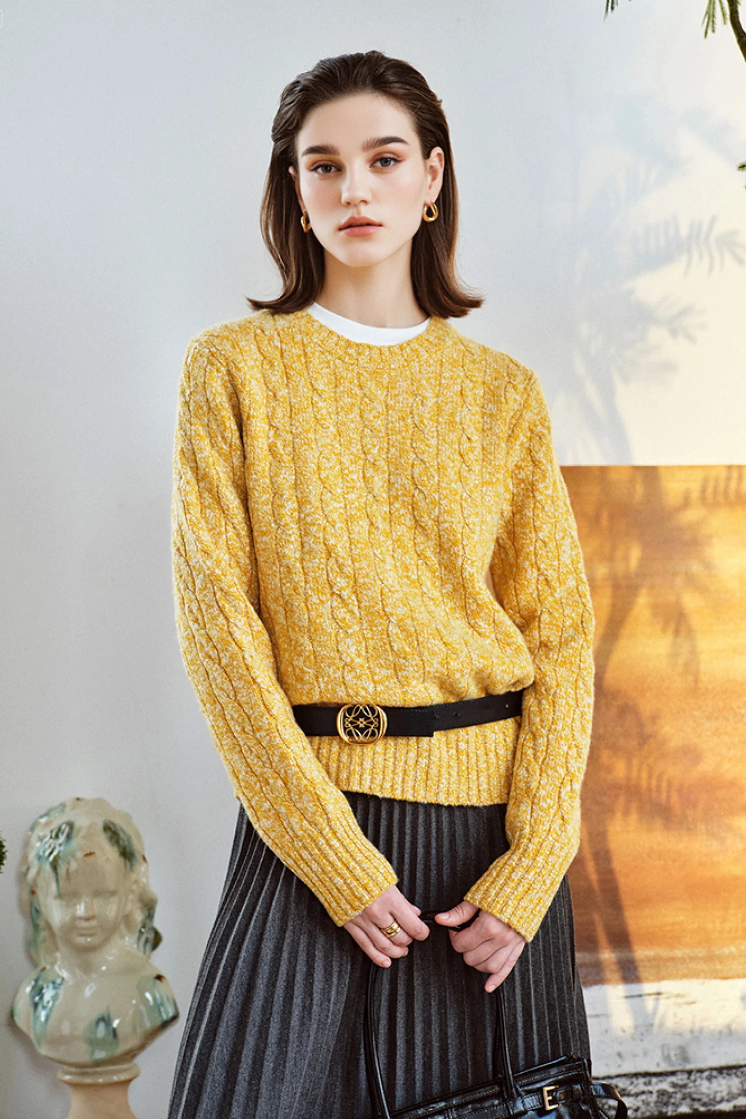 100% Cashmere Marled Slub Cable Crewneck Sweater - MIAOOOO