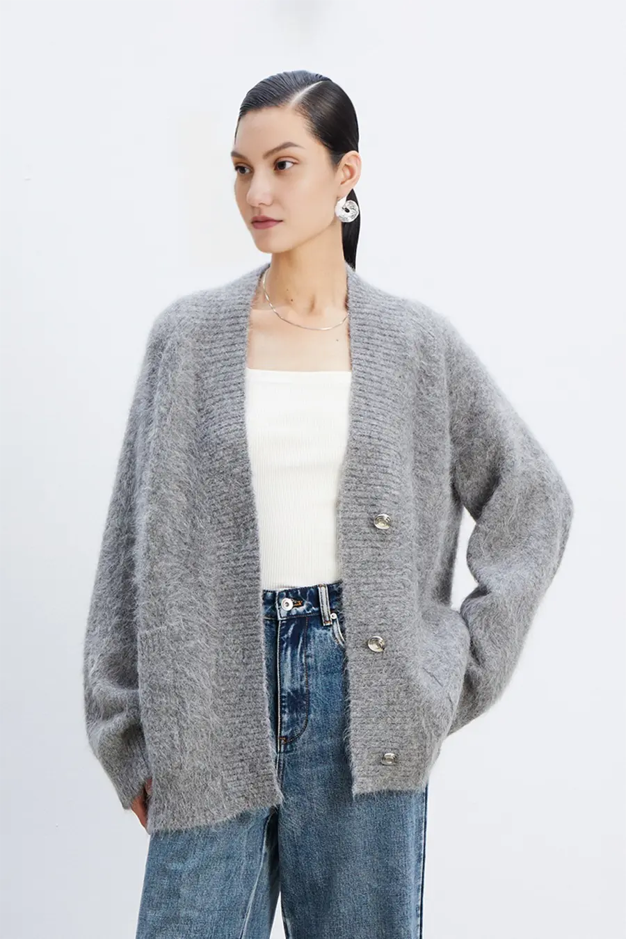 Oversized Button-Up Fuzzy Brushed Alpaca Cardigan - MIAOOOO
