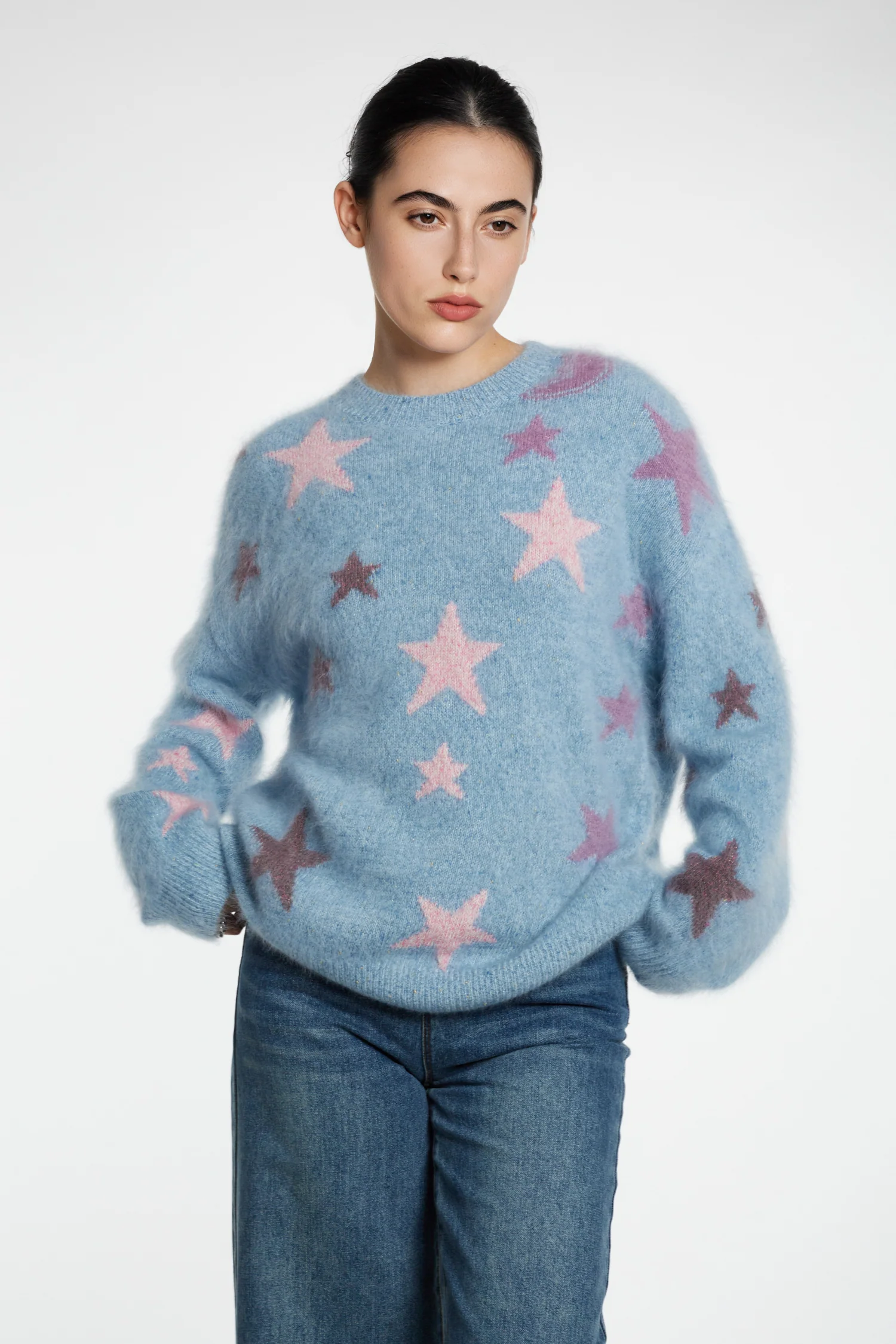 Chunky Brushed Cashmere Shimmer Star Crewneck Sweater - MIAOOOO