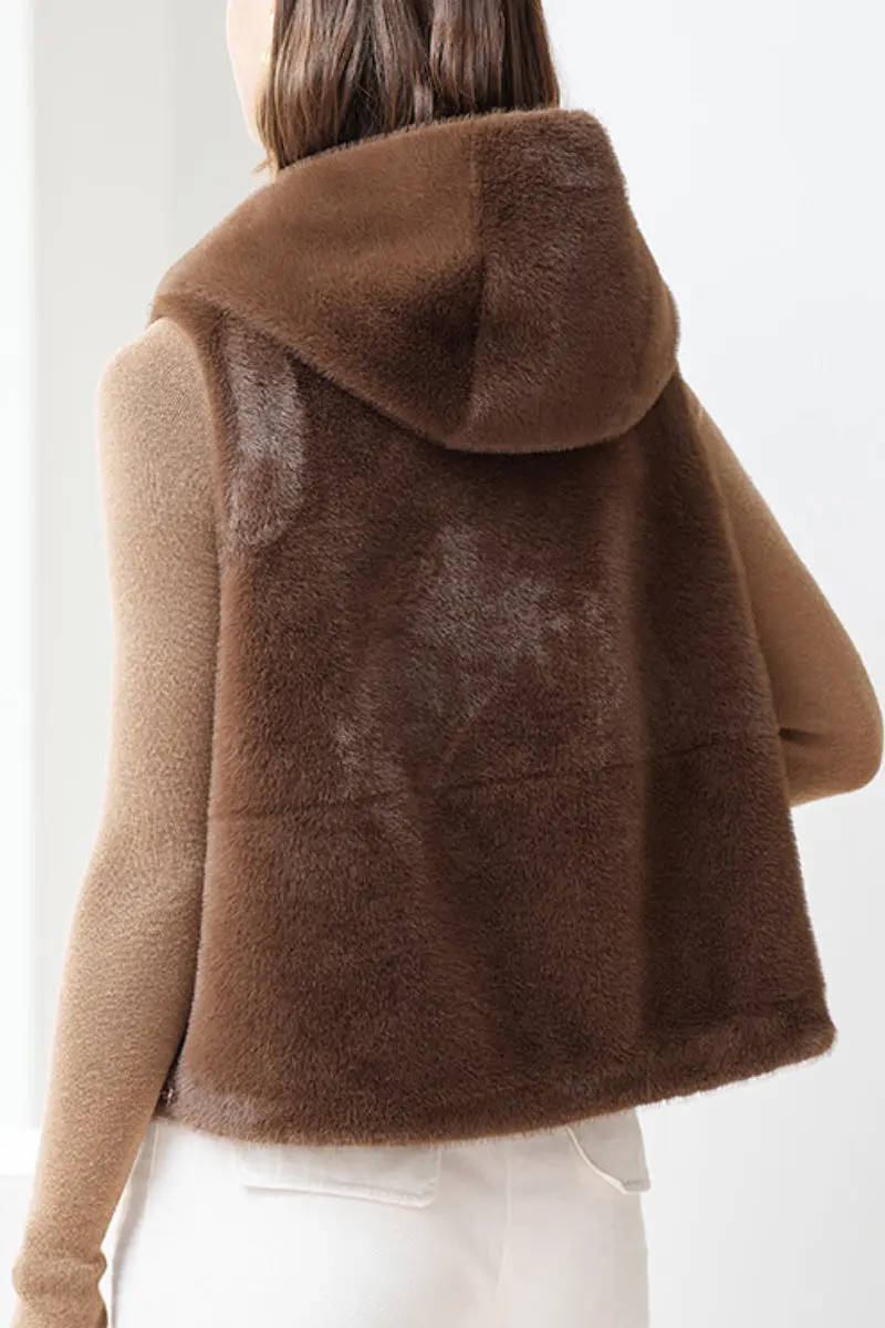 Faux Fur Zip-Up Hooded Vest - MIAOOOO