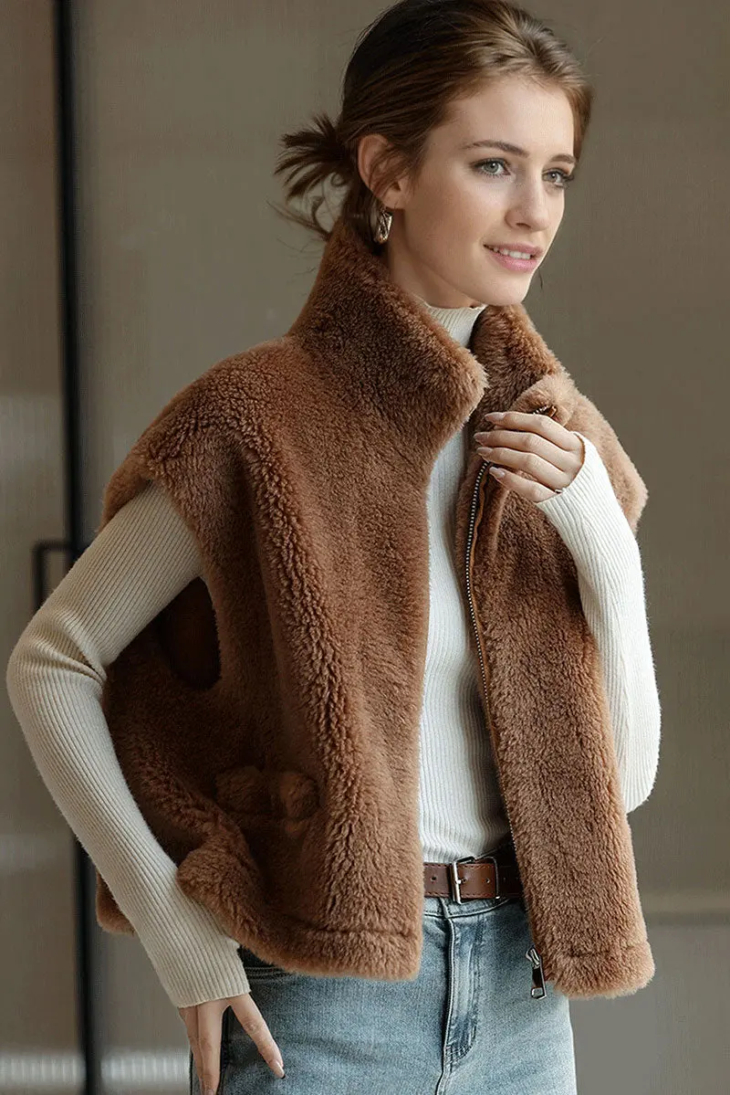Cropped Faux Shearling Zip Up Teddy Wool Vest with Stand Collar - MIAOOOO