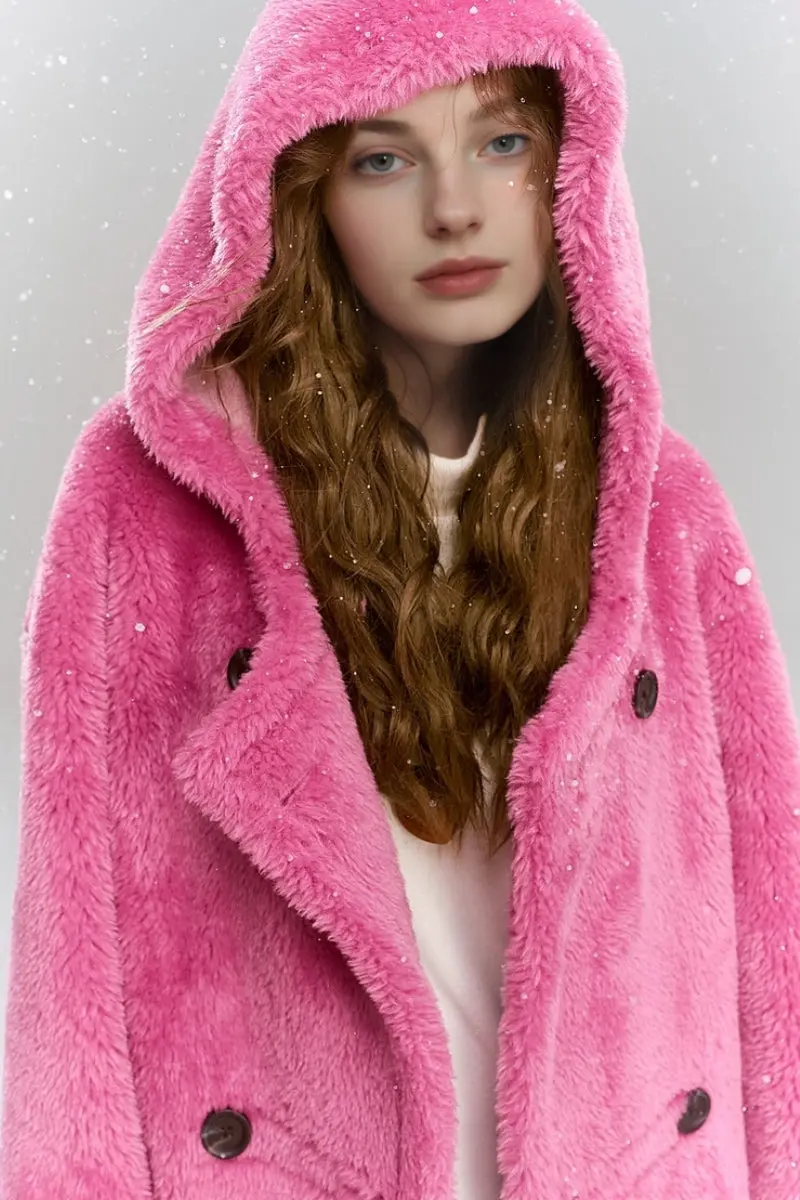 Long Double Breasted Faux Shearling Teddy Coat with Hood - MIAOOOO