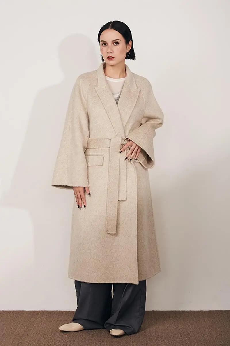 Long Wool Silk Blend Wrap Coat with Notched Lapel - MIAOOOO