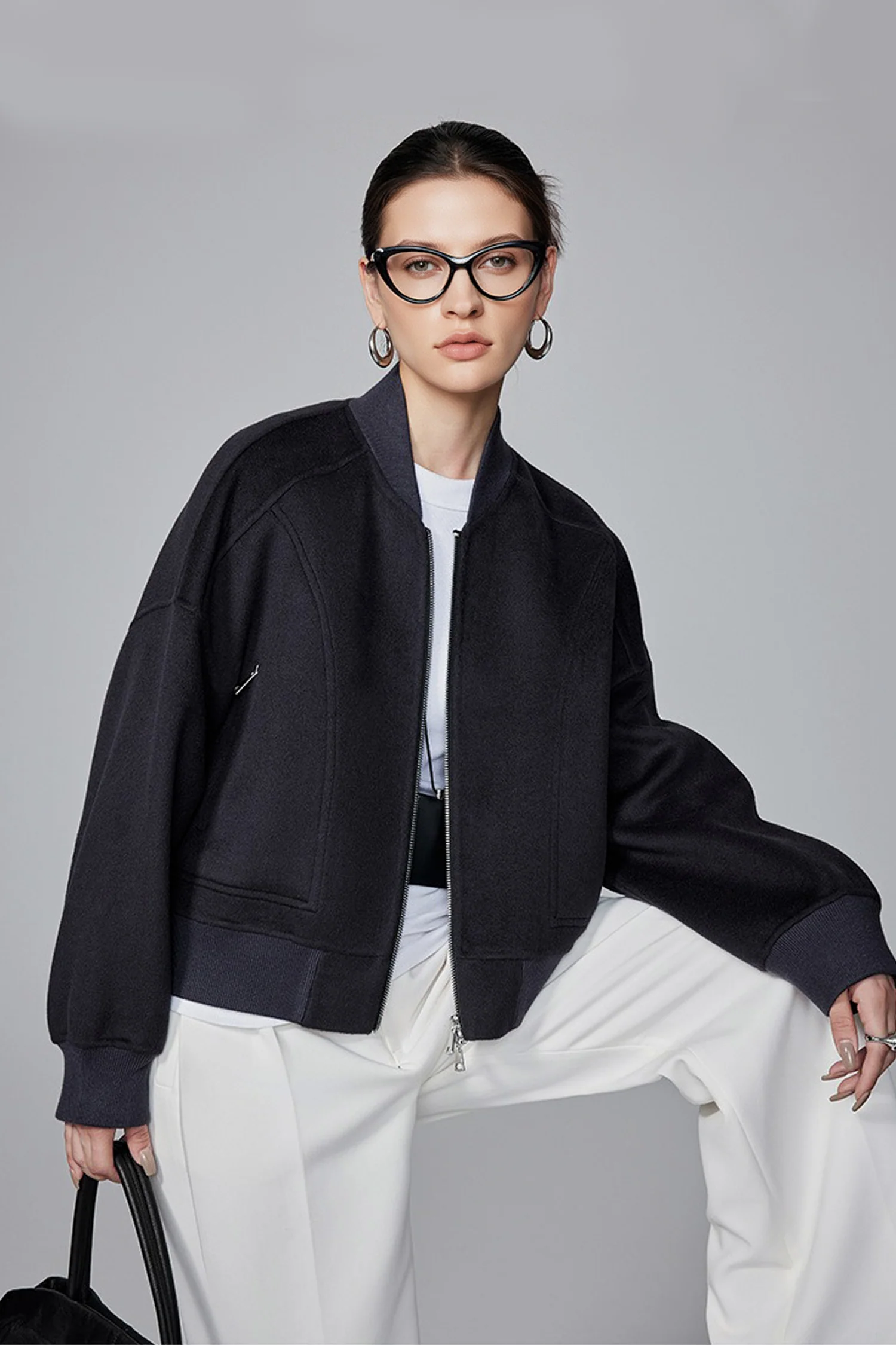 Super-Soft Wool-Cashmere Zipper Bomber Jacket - MIAOOOO