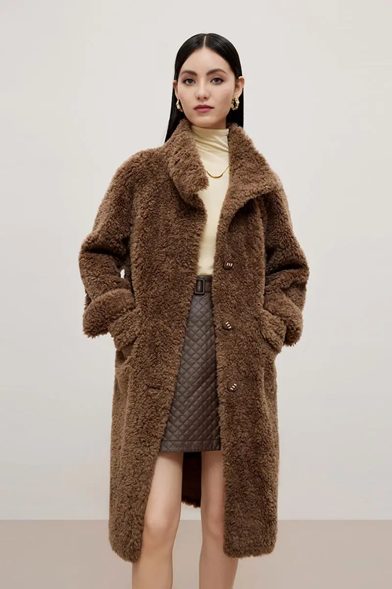 Genuine Shearling & Faux Suede Long Coat with Stand Collar - MIAOOOO