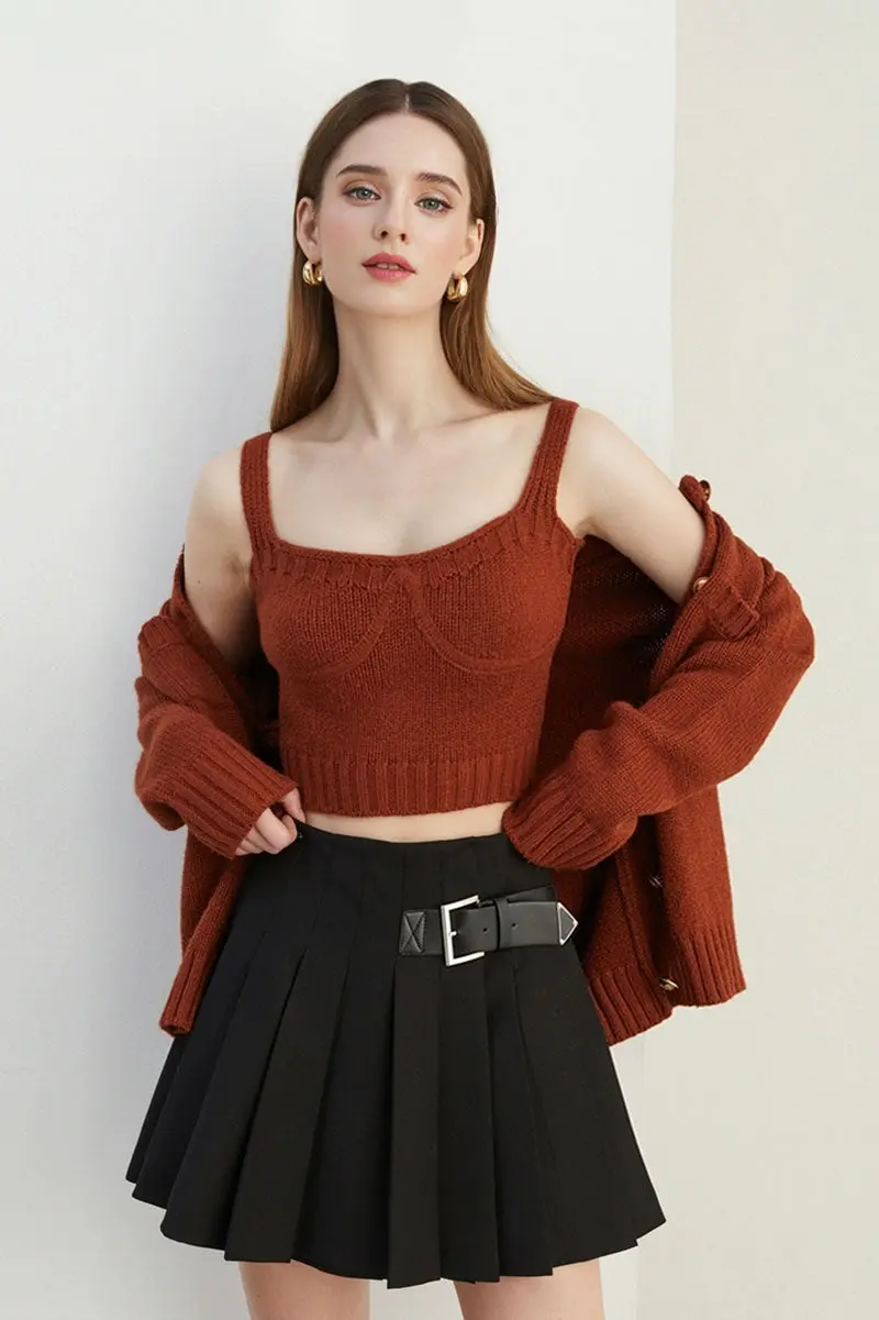 Gold Button Rib-Knit Crewneck Pocket Cardigan - MIAOOOO