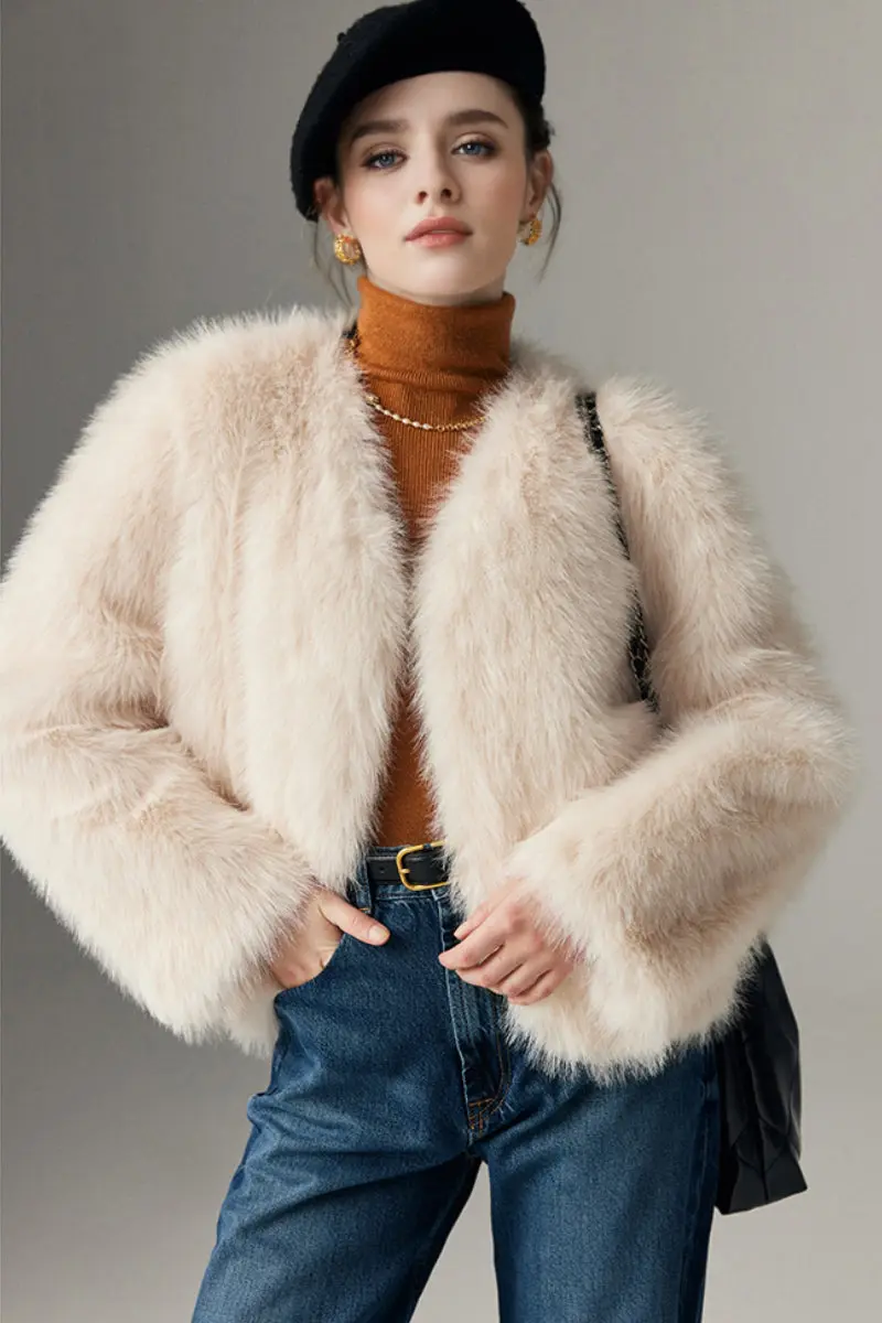 Cropped Faux Fox Fur V-Neck Open Front Jacket - MIAOOOO